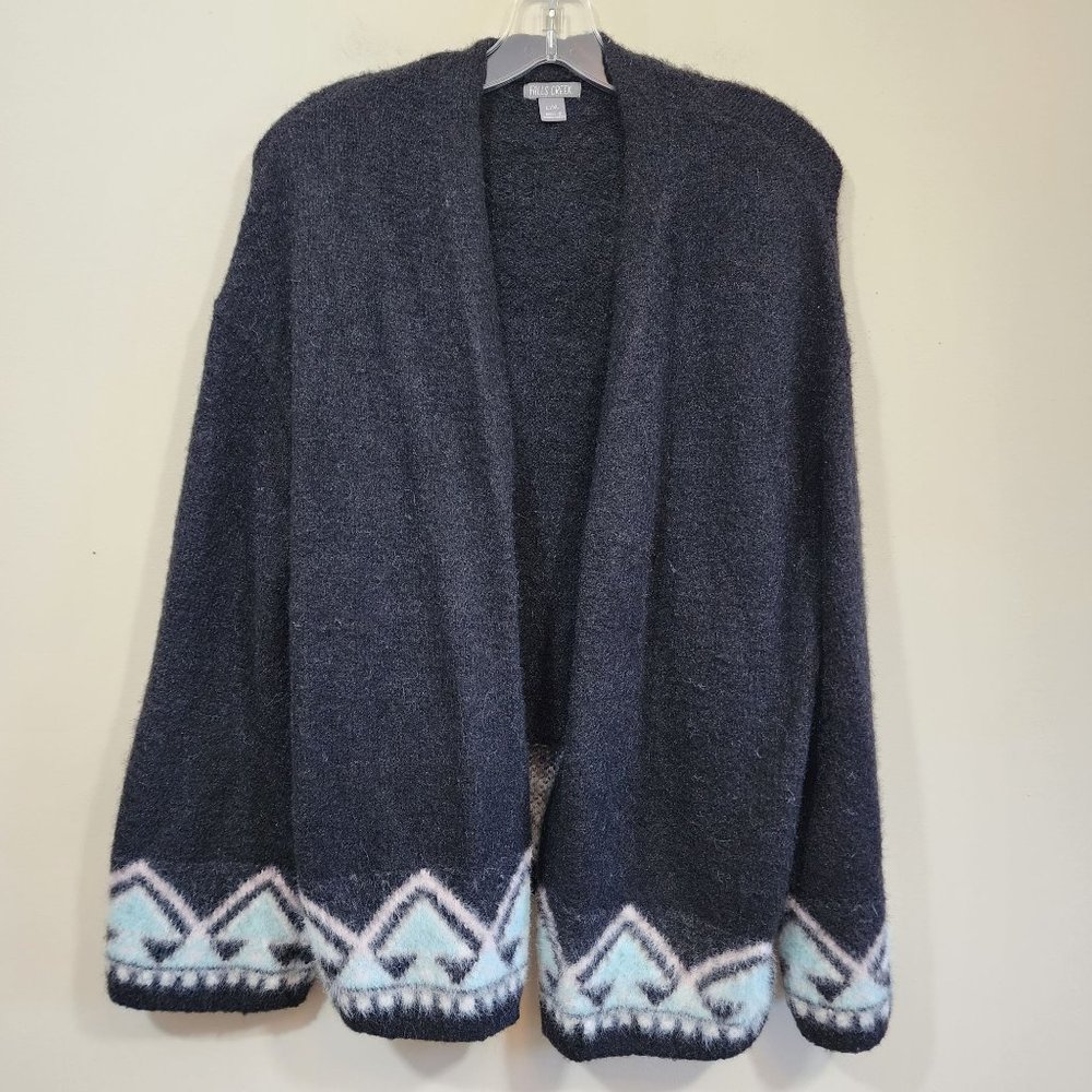 Falls Creek Navy Blue Open Front Cardigan with Geometric Trim